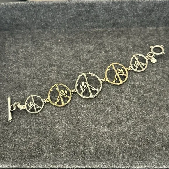 Lucky Brand Peace Symbol Bracelet Toggle Clasp 8" Mixed Metal Twigs & Leaves - Picture 2 of 10
